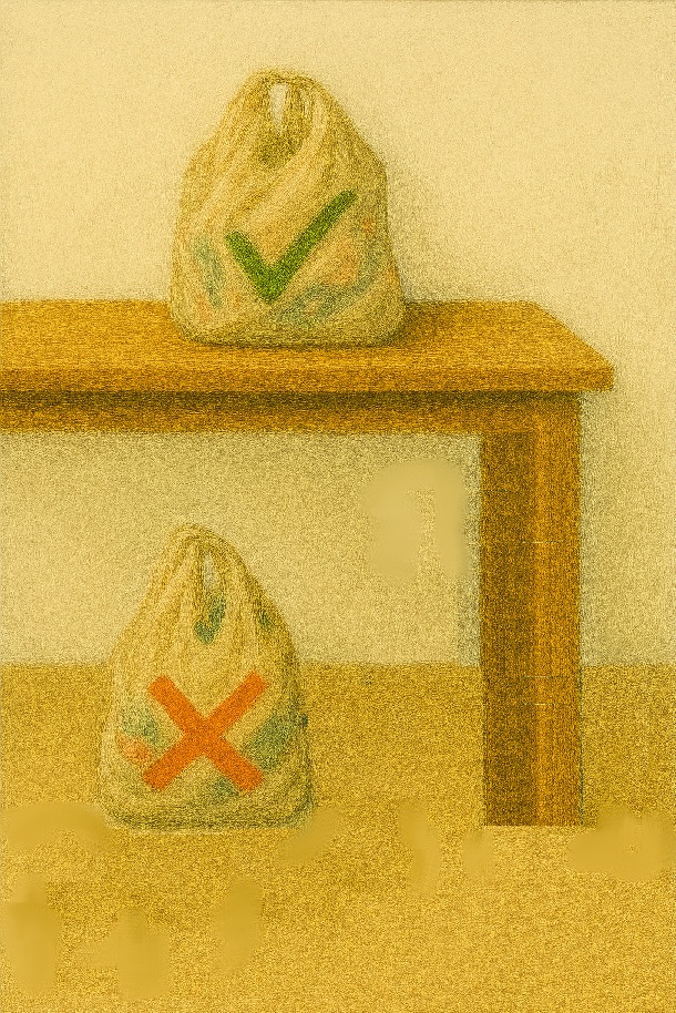 Bags on floor and bag on table