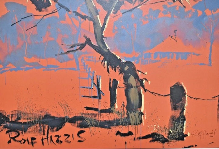 Australian outback scene. Orange with forlorn trees
