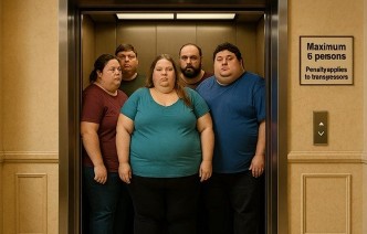 Five very large people in a lift