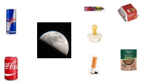 Moon surrounded by pieces of junk and drink cans